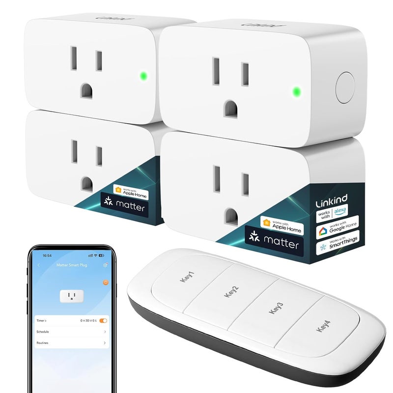 Linkind Matter Smart Plug with Remote, Work with Apple Home, Siri, Alexa, Google Home, SmartThings, Smart Outlet 15A/1800W Max, Smart Automation, Remote Control,Timer&Schedule, 2.4G Wi-Fi, 4 Pack - Image 1